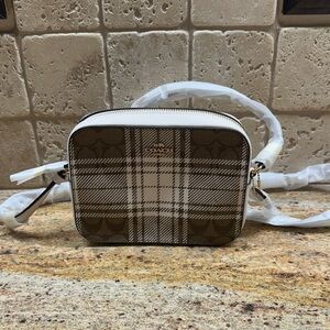 Coach Tan and White Checkered Crossbody Bag